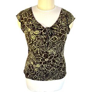 Carol Rose Blouse Women's XL Brown Green Flutter Cap Sleeve Island Print